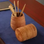 Rattan Pencil Holder, Handmade Wicker Pen Cup Makeup Brushes Holder, Woven Vine Desk Organizer Pen Container Box – close-up