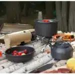 Aluminum Outdoor Camping Cookware Set, With Mesh Bag Folding Cookset Camping Kitchen Cooking Teapot and Pans Equipment