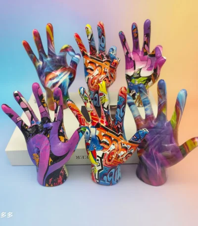 Graffiti Hand Gesture Statue Modern Art Colorful Hand Resin Figurine Finger Model for Home Desktop Office Decor