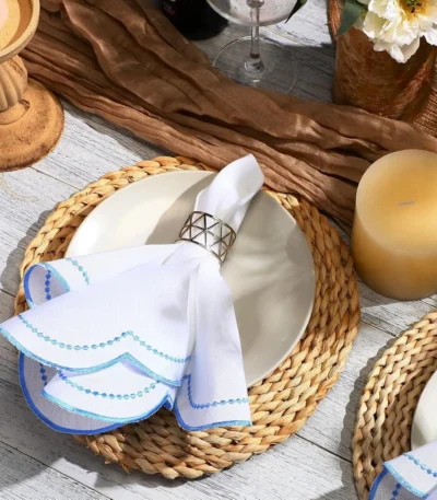6Pcs Cotton Linen Cloth Napkins Machine Wrinkle Resistance Scalloped Embroidered Cloth Table Napkin for Wedding Holiday