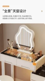 Luxury modern dressing table with mirror and stool in bedroom setting featuring compact vanity with drawers