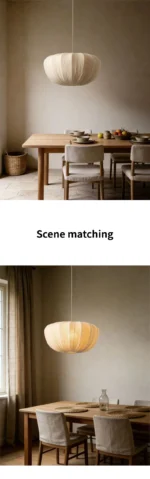 Wabi sabi pendant light hanging over a wooden dining table in a cozy room