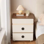 Modern lifting vanity table with mirror in cream finish, featuring rotating top and adjustable height for bedroom use