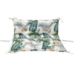Outdoor bench cushion on a wooden garden bench with vibrant floral pattern