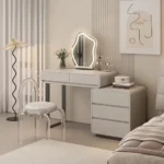 Modern bedroom vanity table with mirror and storage drawers, makeup vanity desk with stool