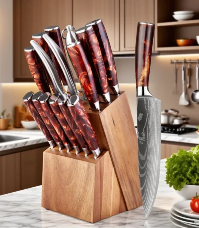 XITUO professional chef knife set in wooden block with laser Damascus pattern steel knives, scissors, and sharpening rod