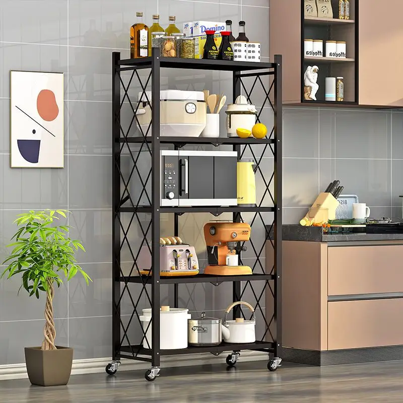 S7b41ebad360b40319f071fbe05d08753c.webp Foldable kitchen shelf with multilayer iron frame in a modern kitchen displaying dishes and spices