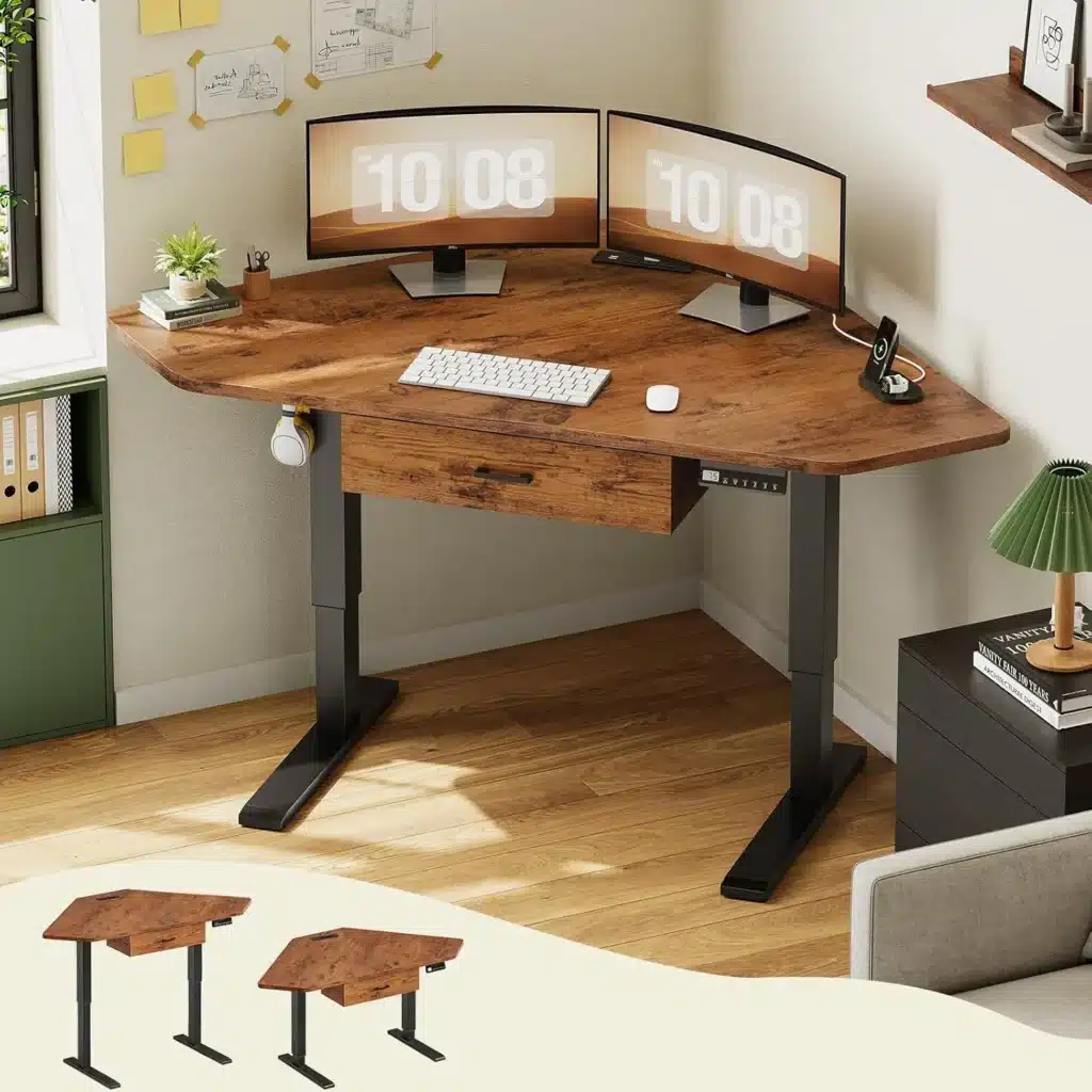 32" Electric Corner Height Adjustable Desk with Drawer, Small Gaming & Office Workstation, Rustic Brown, Customized