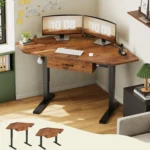 32" Electric Corner Height Adjustable Desk with Drawer, Small Gaming & Office Workstation, Rustic Brown, Customized