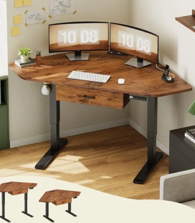 32" Electric Corner Height Adjustable Desk with Drawer, Small Gaming & Office Workstation, Rustic Brown, Customized