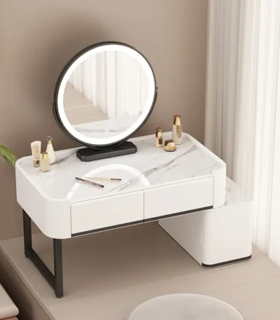 Modern minimalist dressing table with storage shelf for makeup organization in a bedroom