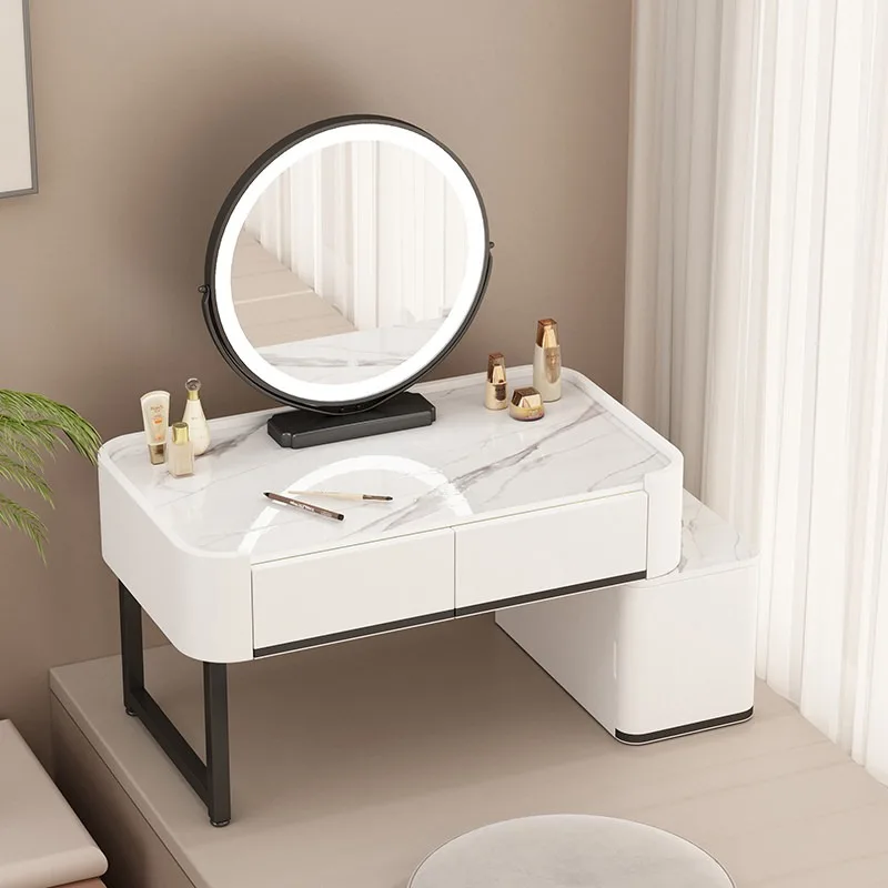 S7b9a4308b3d64124a9fb033161a8a7f0o.webp Modern minimalist dressing table with storage shelf for makeup organization in a bedroom