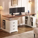 Farmhouse Electric Standing Desk, 63" Height Adjustable Computer Desk with 3 Drawers, Storage Shelves, Customized