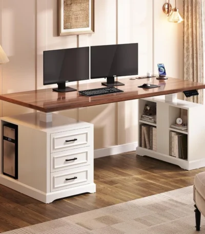 Farmhouse Electric Standing Desk, 63" Height Adjustable Computer Desk with 3 Drawers, Storage Shelves, Customized