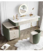 Modern dresser with mirror and stool – 2-drawer makeup vanity table in a minimalist bedroom setting