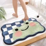 Non slip bathroom rug with frog and bear flocking design on bathroom floor