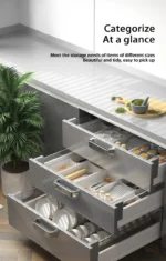 Kitchen drawer organizer with compartments for cutlery and utensils