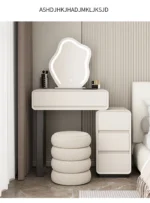 Modern minimalist vanity table with mirror and stool, wood construction, bedroom furniture