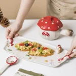 Creative Cartoon Cute Girl Heart Red Mushroom Ceramic Tableware Single Handle Bowl Soup Pot Breakfast Plate – side view