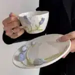 European Relief Ceramic Tulip Cup Afternoon Tea Dessert Pastry Tea Cup Painted Flowers Coffee Mug Couple's Water Cup Café
