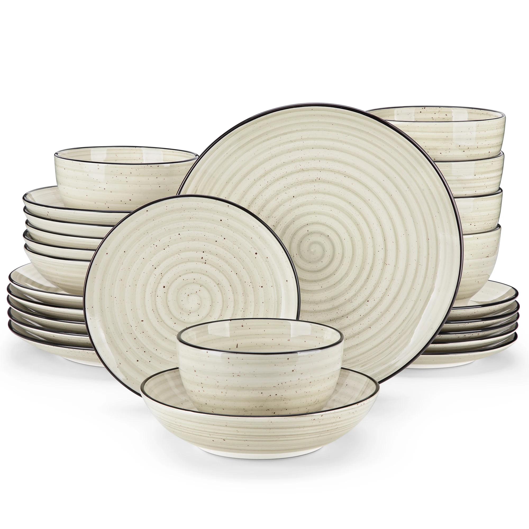 Vancasso handpainted dinnerware set in beige with spiral design on a wooden table
