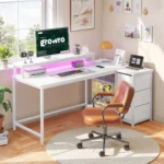 EnHomee 40" L-Shaped Computer Desk with Monitor Stand & 3 Drawers Gaming Desk with Power Outlet and LED Lights for