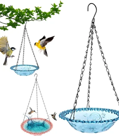 Goldoma hanging bird bath in a garden with birds