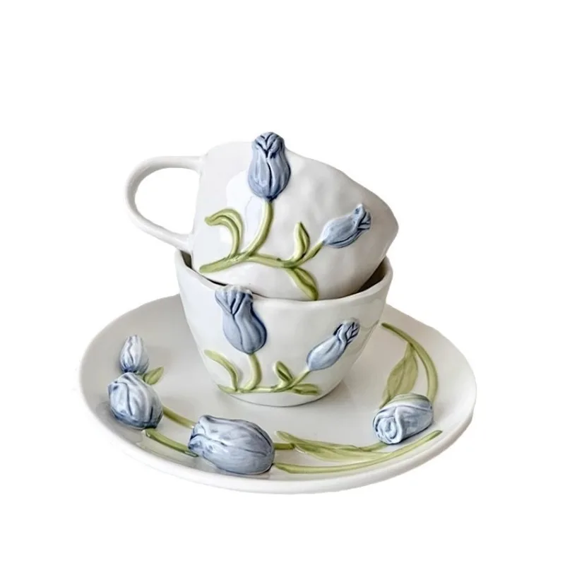 European Relief Ceramic Tulip Cup Afternoon Tea Dessert Pastry Tea Cup Painted Flowers Coffee Mug Couple's Water Cup Café Teapot