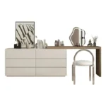 White dressing table with mirror, 6 drawers, and matching stool for bedroom vanity and makeup storage