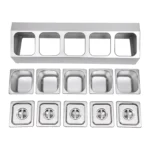 Stainless steel spice rack with 5 pans and lids on kitchen countertop