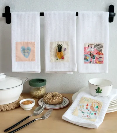 1Pc 40x60cm White Waffle Cotton Tea Towel Printed Patch Kitchen Table Napkin Xmas Party Gift Decoration