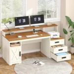 Farmhouse Computer Desk with Drawers, 65'' Home Office Desk with Power Outlets, Storage Cabinet and Printer Stand,