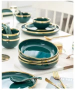 Green With Gold Inlay Quality Plates Full Set Luxury Steak Food Tray Ceramic Dinner Dish Salad Bowl Spoon Porcelain