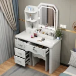 Goldoma LED dressing table with mirror and stool in a modern bedroom – stylish wooden makeup vanity with 2 drawers