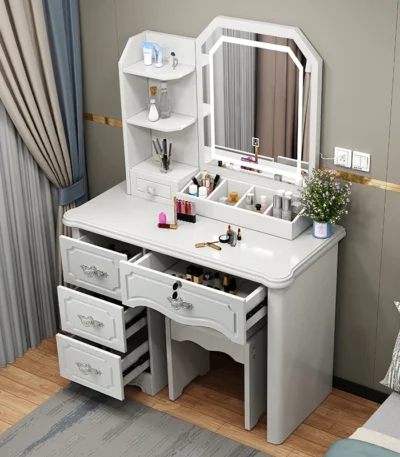 Goldoma LED dressing table with mirror and stool in a modern bedroom – stylish wooden makeup vanity with 2 drawers