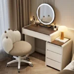 Modern makeup vanity desk with mirror and stool in cream finish - Goldoma