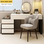 Modern wooden dressing table with mirror and 5 drawers – makeup vanity desk with LED lights and stool in bedroom setting