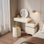 Modern cream dressing table with storage drawers and mirror in bedroom setting