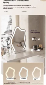 Modern LED vanity desk with mirror and stool in bedroom setting