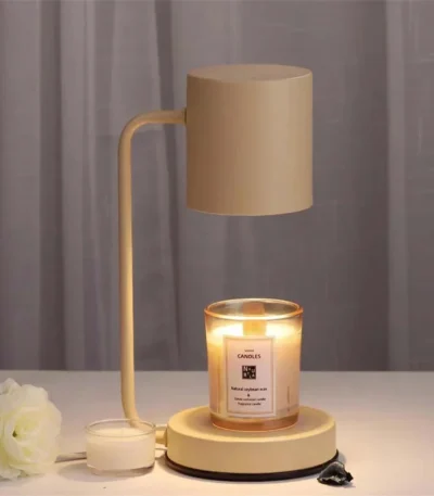 Simple Table Lamp with dimmable candle warmer, metal wax burner in retro style, 220V, on a wooden desk.