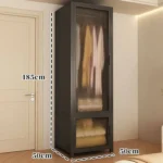 Minimalist open wardrobe closet with metal frame in a modern bedroom setting