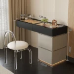 Minimalist modern dressing table with mirror and stool in a bedroom setting with 4 drawers and 4 doors
