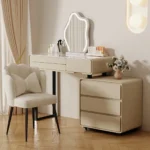 Modern wooden makeup vanity table with mirror and matching stool, featuring a storage drawer for organization