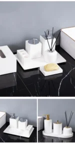 Minimalist Volakas White Natural Marble Set for Bathroom Luxury Soap Dispenser Toothbrush Holder Tray Bathroom Set