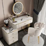 White MDF dressing table with mirror and stool in a modern bedroom setting