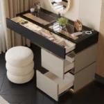 Minimalist modern dressing table with mirror and stool in a bedroom setting with 4 drawers and 4 doors
