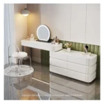 modern dressing table with mirror and stool in a bright bedroom