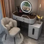 Modern dressing table with mirror and stool in a minimalist bedroom setup