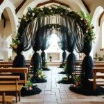 Sheer white wedding arch draping fabric elegantly draped over a wooden arch at an outdoor ceremony