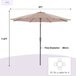 JHK 9ft Patio Umbrella with Tilt and Crank Button 8 Sturdy Ribs Waterproof Patio Table Umbrella for Outdoor Poolside Beach